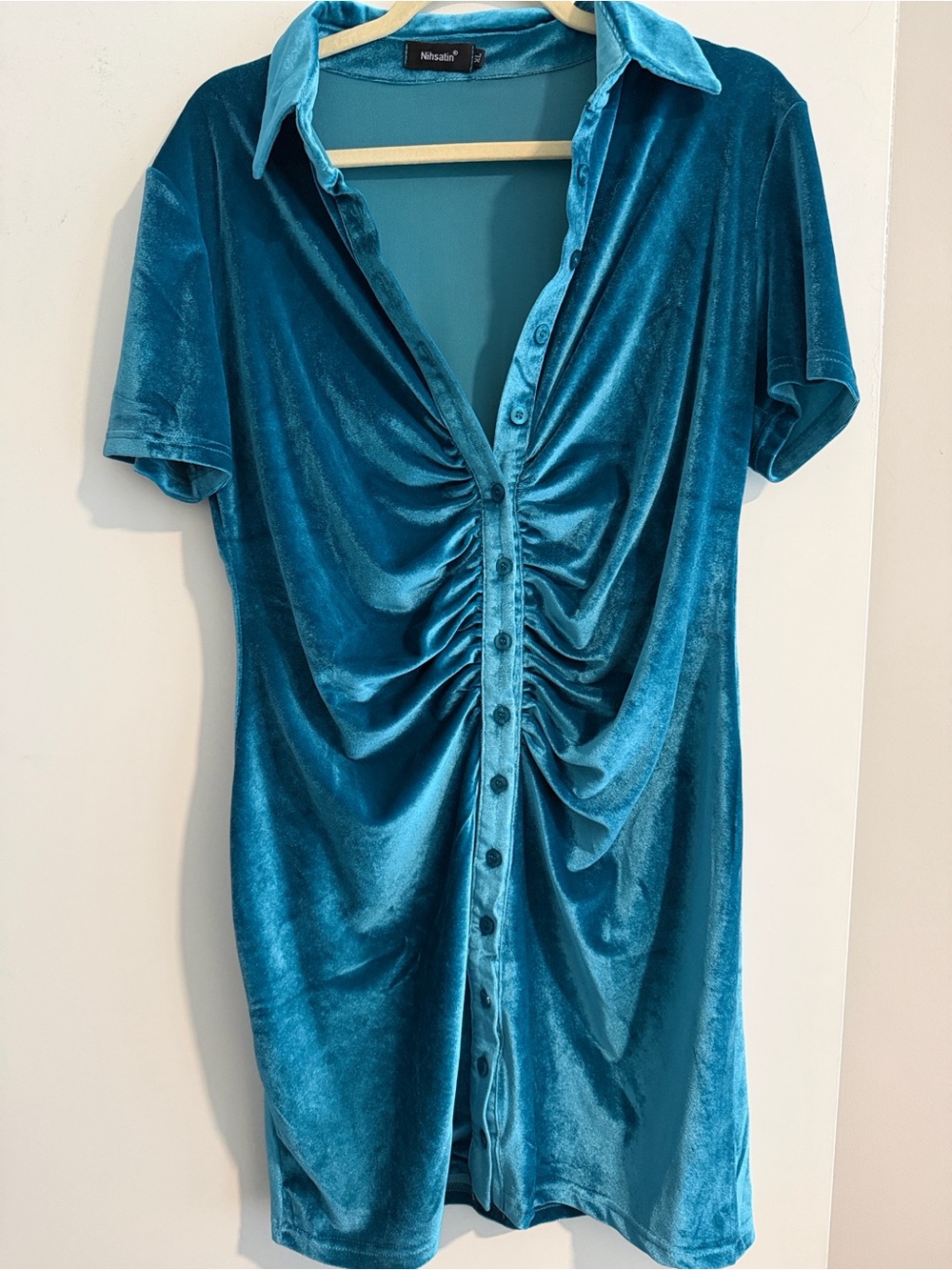 Teal Velvet Ruched Button-Front Dress
